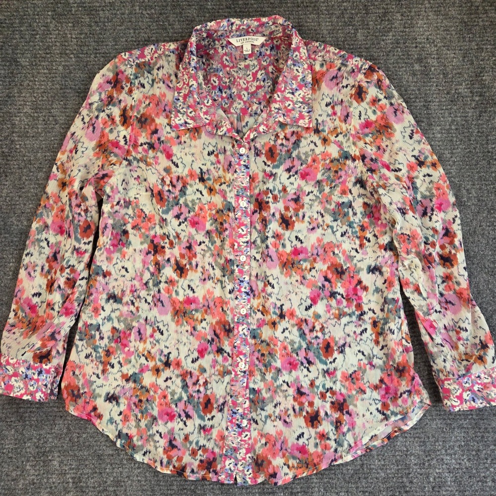 Liverpool Los Angeles Womens Large Pink Floral Button Down Long Sleeve Blouse